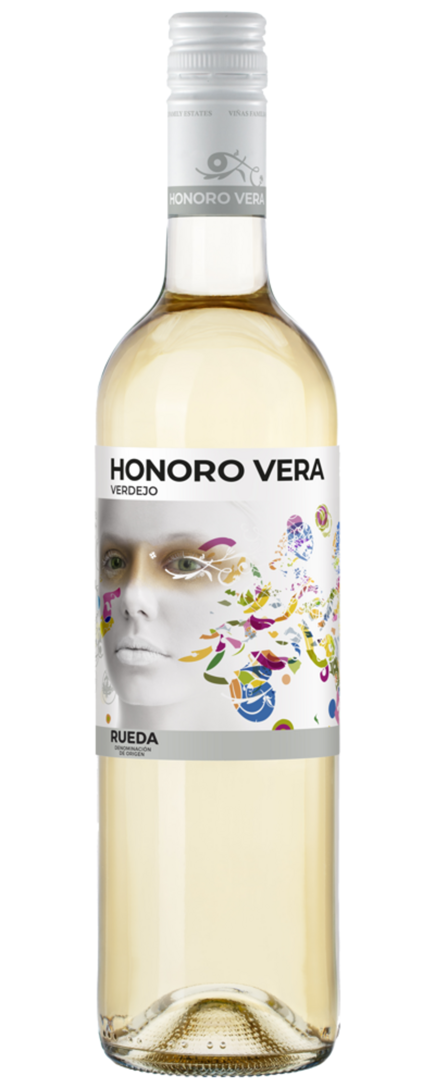 Honoro Vera Verdejo Wein, Flasche mit Etikett, Frauengesicht, bunt