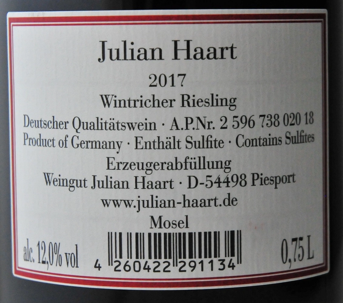 Weinlabel von Julian Haart, 2017, Wintricher Riesling, 12,0% vol, 0,75 L, Mosel