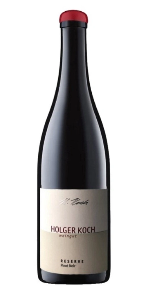 Eine dunkle Flasche Wein, Holger Koch Weingut Reserve Pinot Noir mit rotem Verschluss.