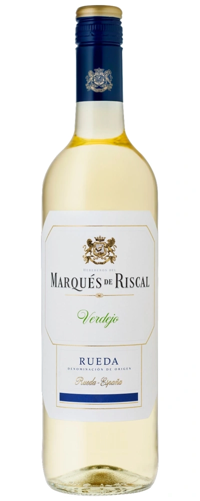 Eine Flasche Marques de Riscal Verdejo Weißwein mit blauem und goldenem Etikett.