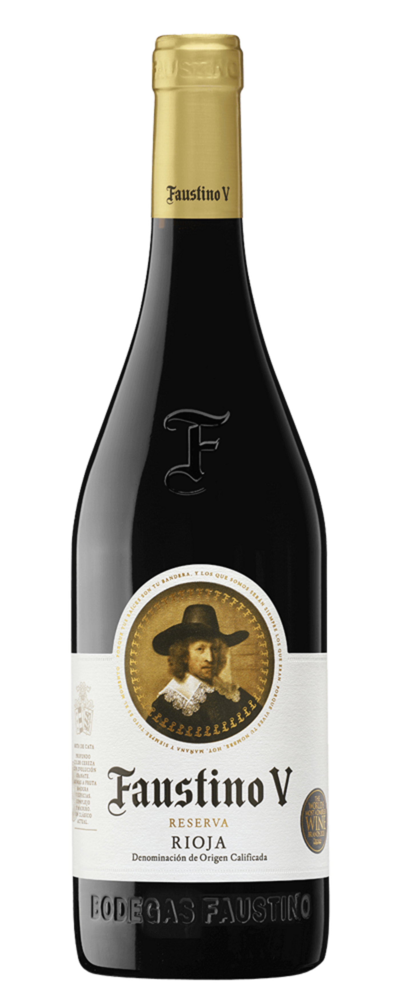 Faustino V Reserva Rioja Weinflasche mit Etikett und Goldkapsel, Bodegas Faustino.
