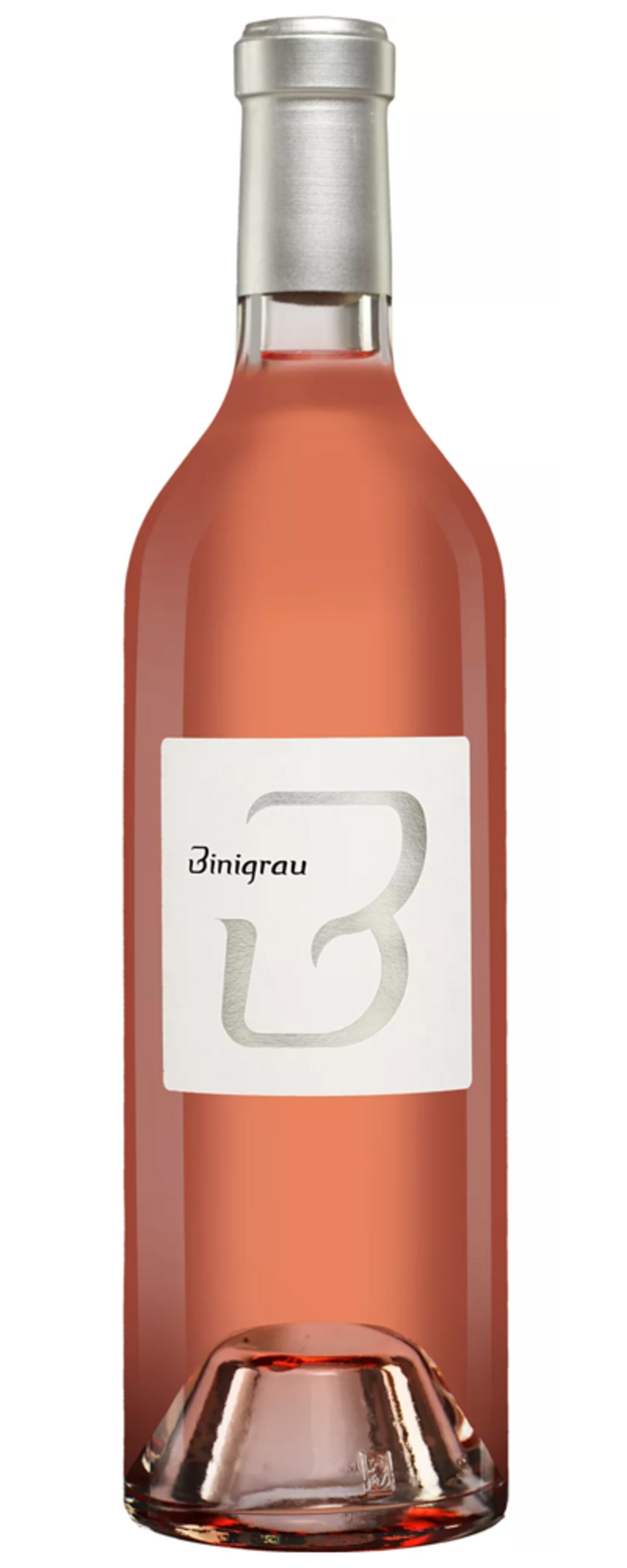 Wein-Flasche mit rosa Inhalt und silberner Kappe, Etikett mit Schriftzug 'Binigrau'
