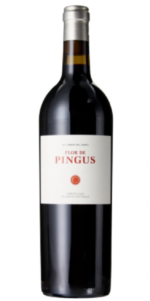 Eine Flasche Rotwein mit dem Etikett Flor de Pingus