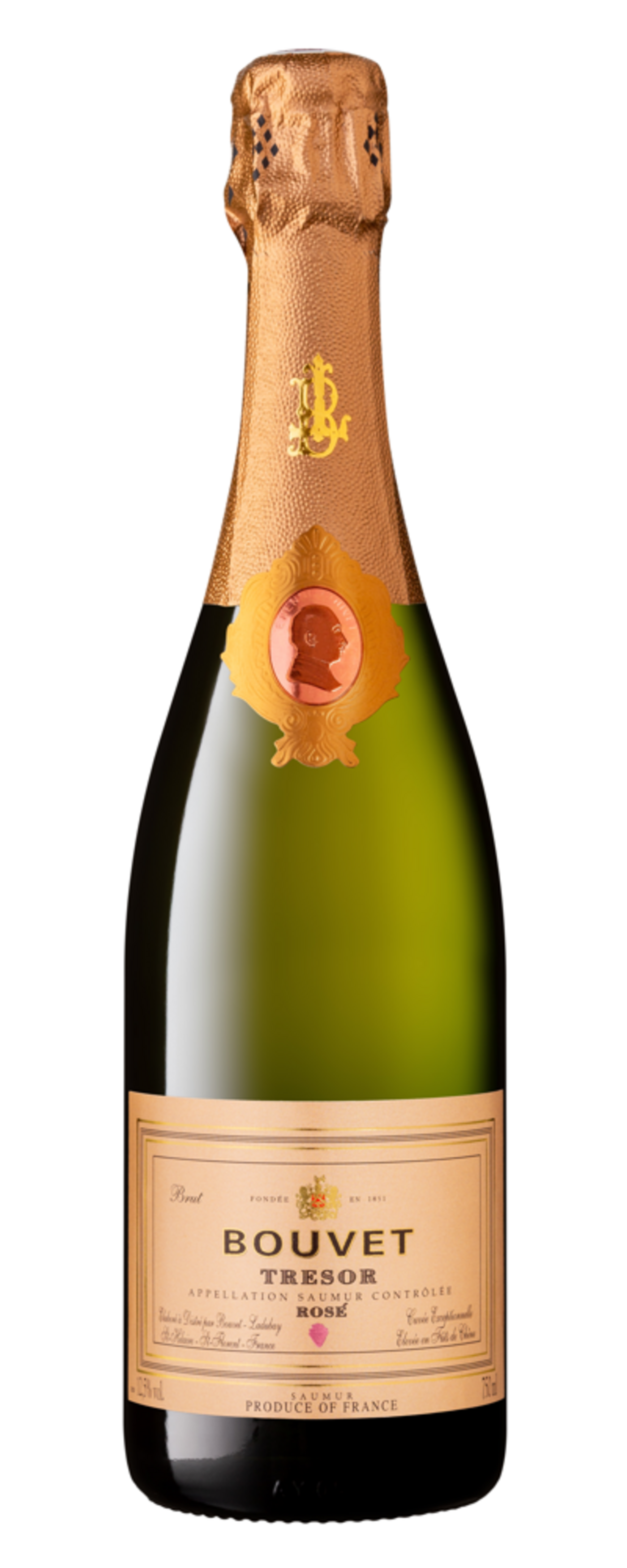Bouvet-Ladubay Tresor Rosé, eine französische Schaumwein-Flasche, goldene Kapsel, Etikett.