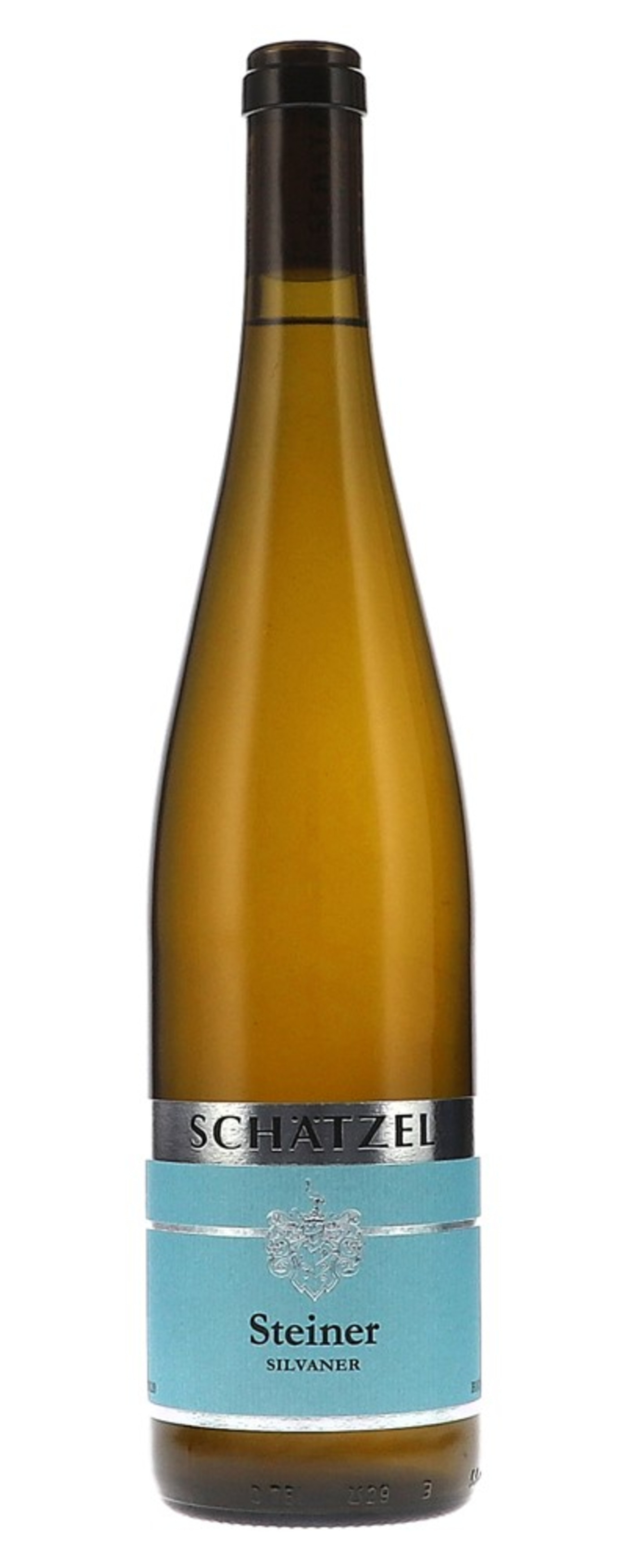 Weinflasche mit Etikett 'Schatzel Steiner Silvaner' auf weißem Hintergrund