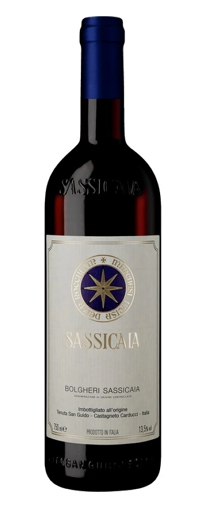 Wein SASSICAIA, Bolgheri, Italien, 13,5%, Flasche, dunkelrot, blau, Etikett, Produkt