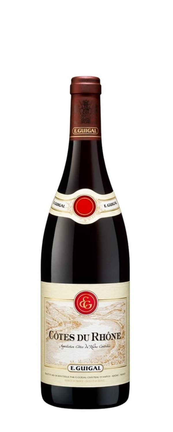Wein E. Guigal Côtes du Rhône, Rotwein, Flasche, Etikett, Weinbaugebiet, Frankreich