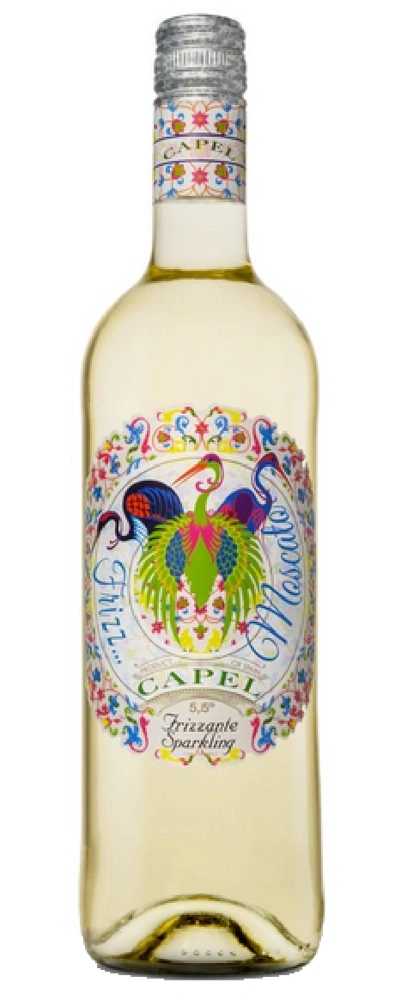 Flasche Capel Frizzante Sparkling Moscato Wein mit bunten Vögeln
