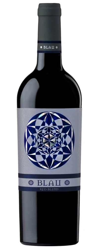 Blau Wein Flasche. Blaues Etikett mit geometrischem Muster und Schriftzug BLAU.