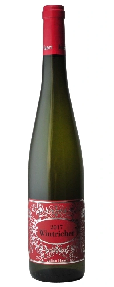 Wein-Flasche mit rotem Etikett und roter Kappe, Jahrgang 2017, Wintricher, Julian Haart.