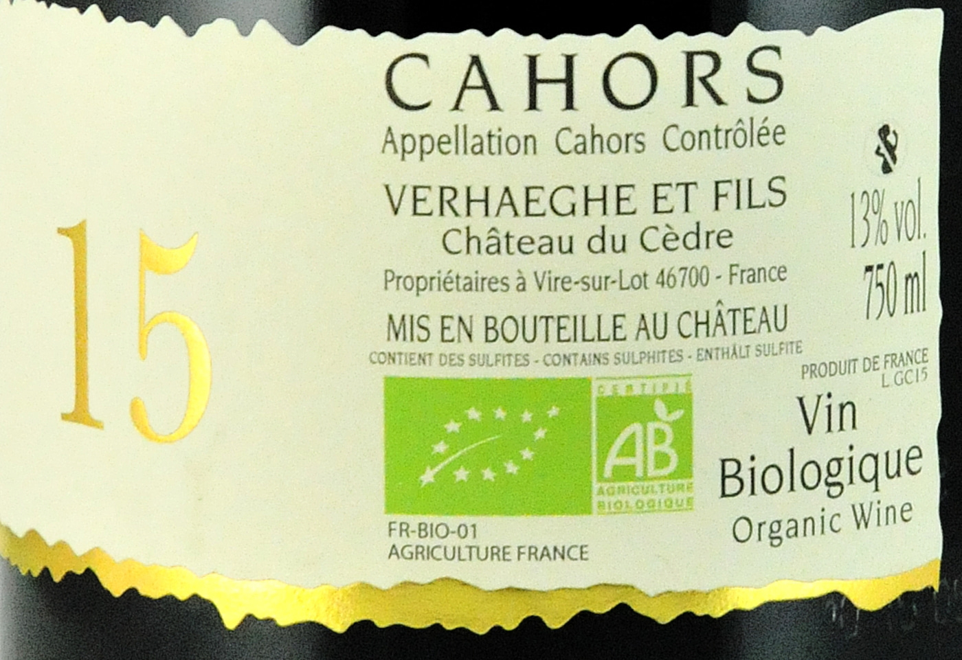 Wein Etikett mit Aufschrift Cahors, 13% vol, 750 ml, Biologique, Organic Wine