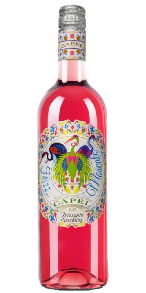 Flasche Capel Moscato Frizzante Sparkling Wein mit bunten Vögeln