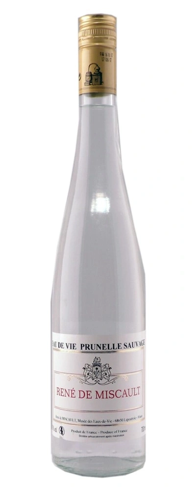 Eine Flasche René de Miscault Prunelle Sauvage, klar und elegant.