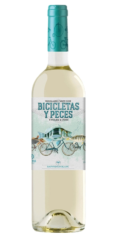Flasche Weißwein mit dem Etikett 'Bicicletas y Peces' und Fahrrädern.