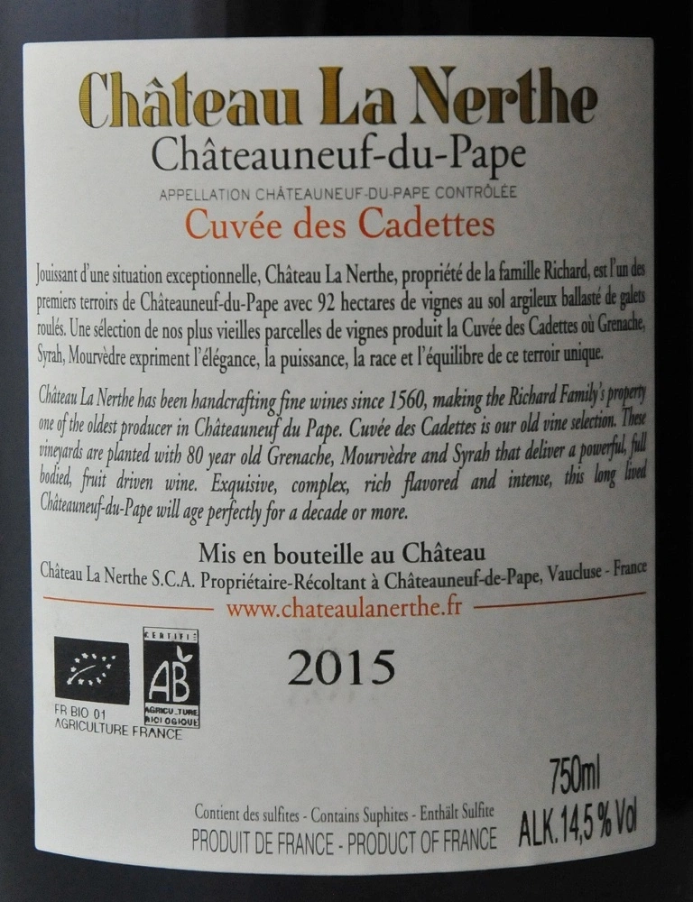Wein-Etikett von Château La Nerthe, Châteauneuf-du-Pape, Cuvée des Cadettes, Jahrgang 2015