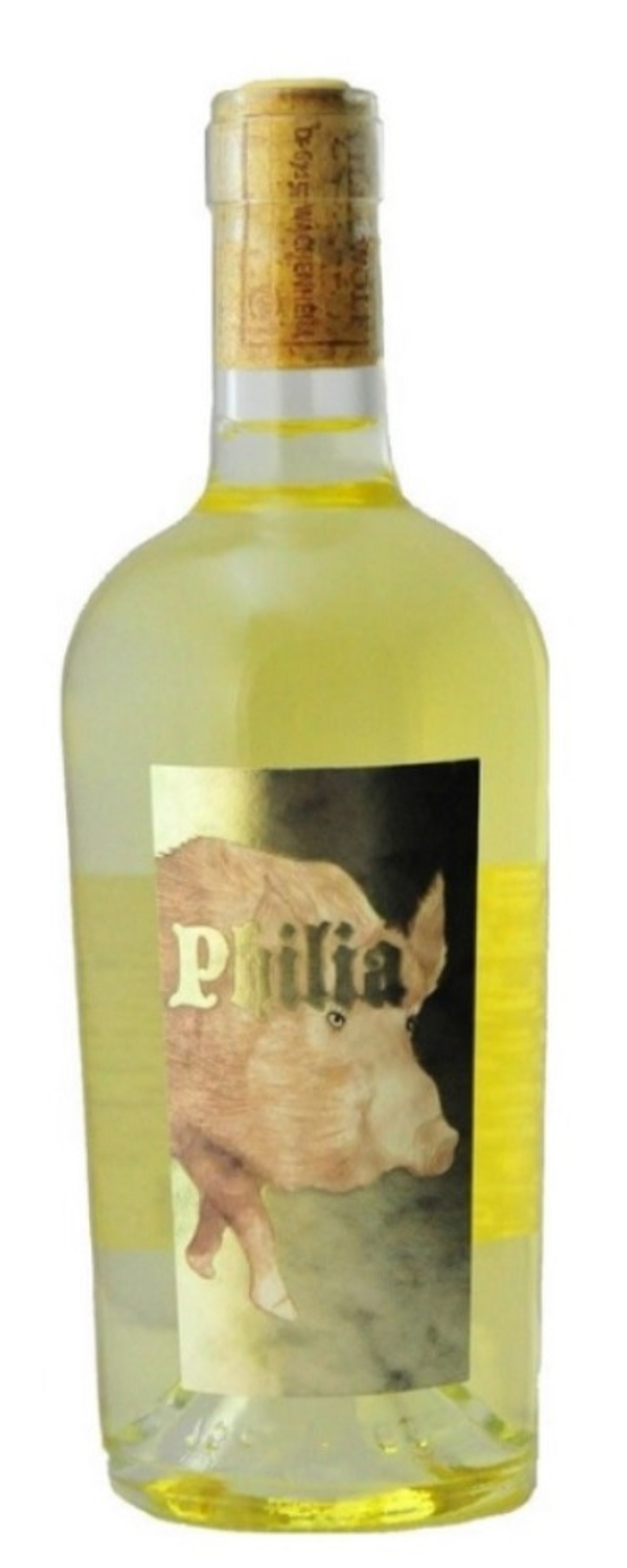 Eine Flasche Philia Wein mit einem Schwein auf dem Etikett, gelb.