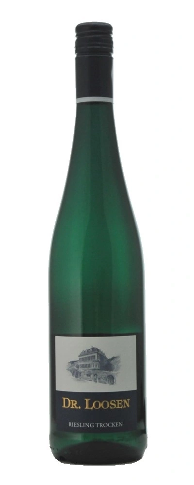 Grüne Weinflasche mit Etikett von Dr. Loosen Riesling Trocken