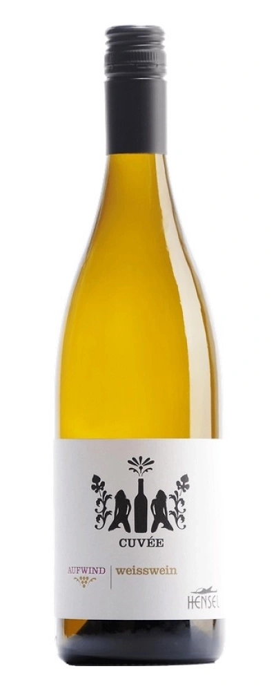 Weinflasche mit weißem Etikett, Aufschrift Cuvée, Aufwind, Weisswein, Hensel.