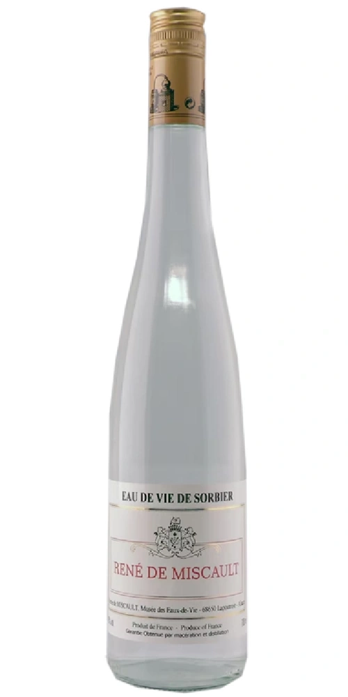 Eine Flasche "Eau de Vie de Sorber" von René de Miscault mit goldenem Verschluss.