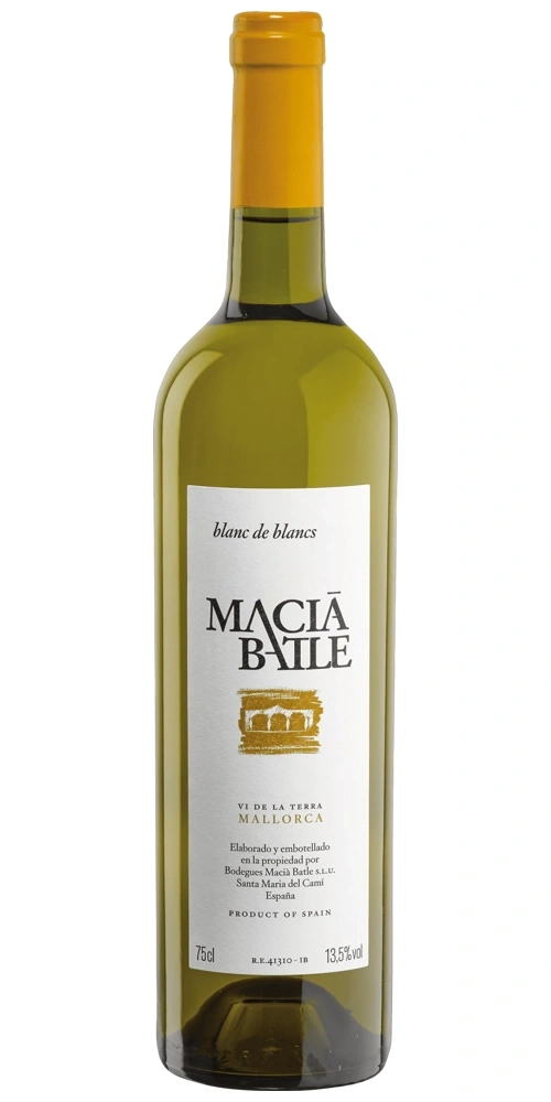 Eine Flasche Weißwein mit einem gelben Etikett und weißem Aufdruck.