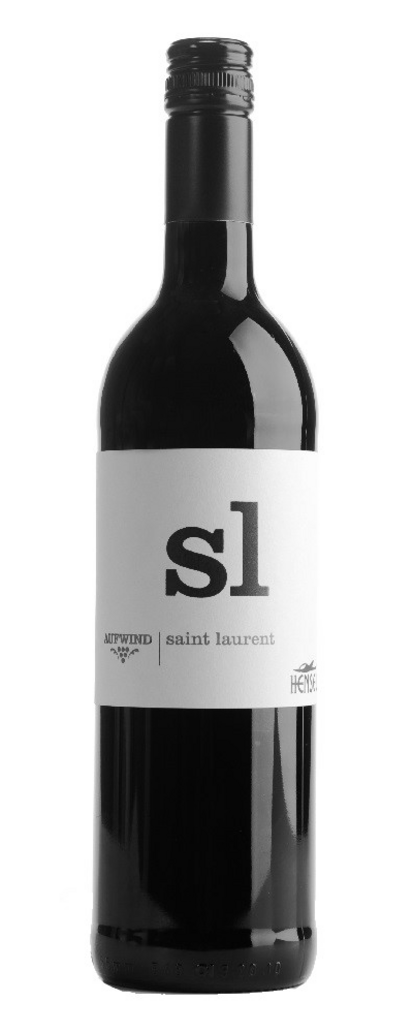 Wein-Flasche mit Aufschrift 'sl saint laurent' und schwarzem Verschluss