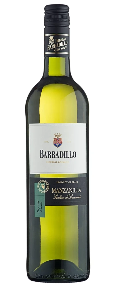 Eine Flasche Barbadillo Manzanilla Wein mit Etikett