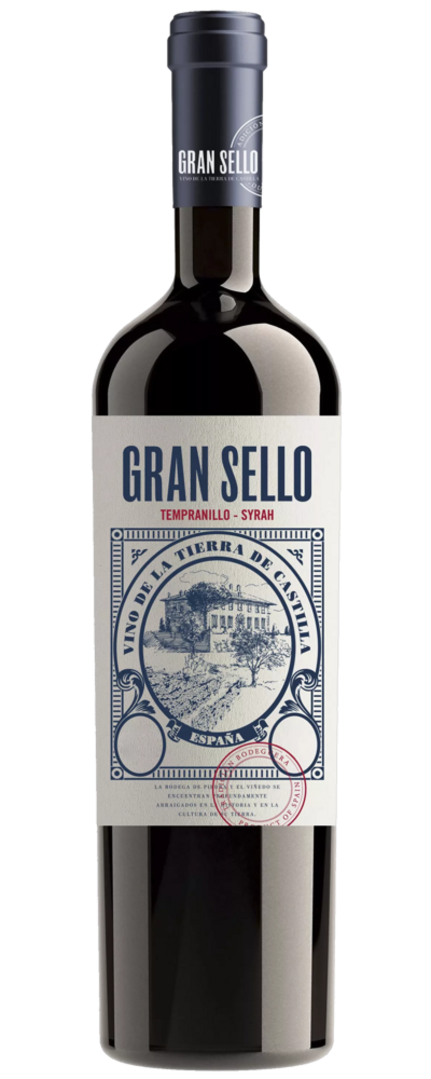 Gran Sello Wein, Tempranillo-Syrah, Spanien, Flasche mit Etikett, blau und weiß.