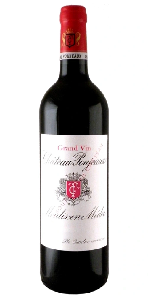 Eine Flasche Rotwein mit einem weißen Etikett. Château Poujeaux