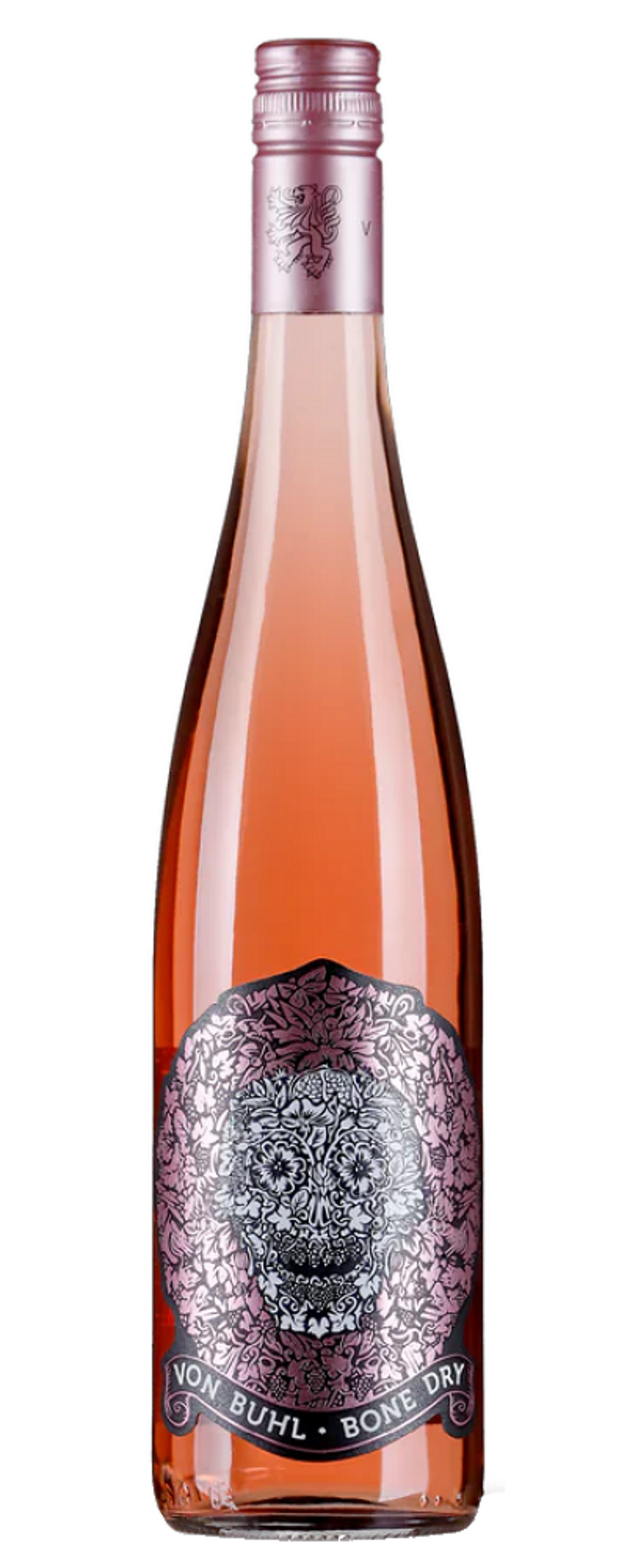Roséwein-Flasche mit floralem Etikett und rosafarbenem Verschluss. Von Buhl Bone Dry.