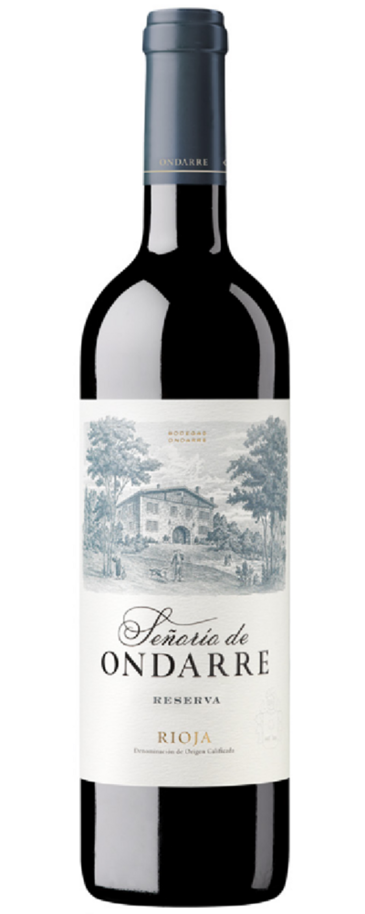 Wein-Etikett mit Landschaftszeichnung und Schriftzug 'Señorio de Ondarre Reserva Rioja'