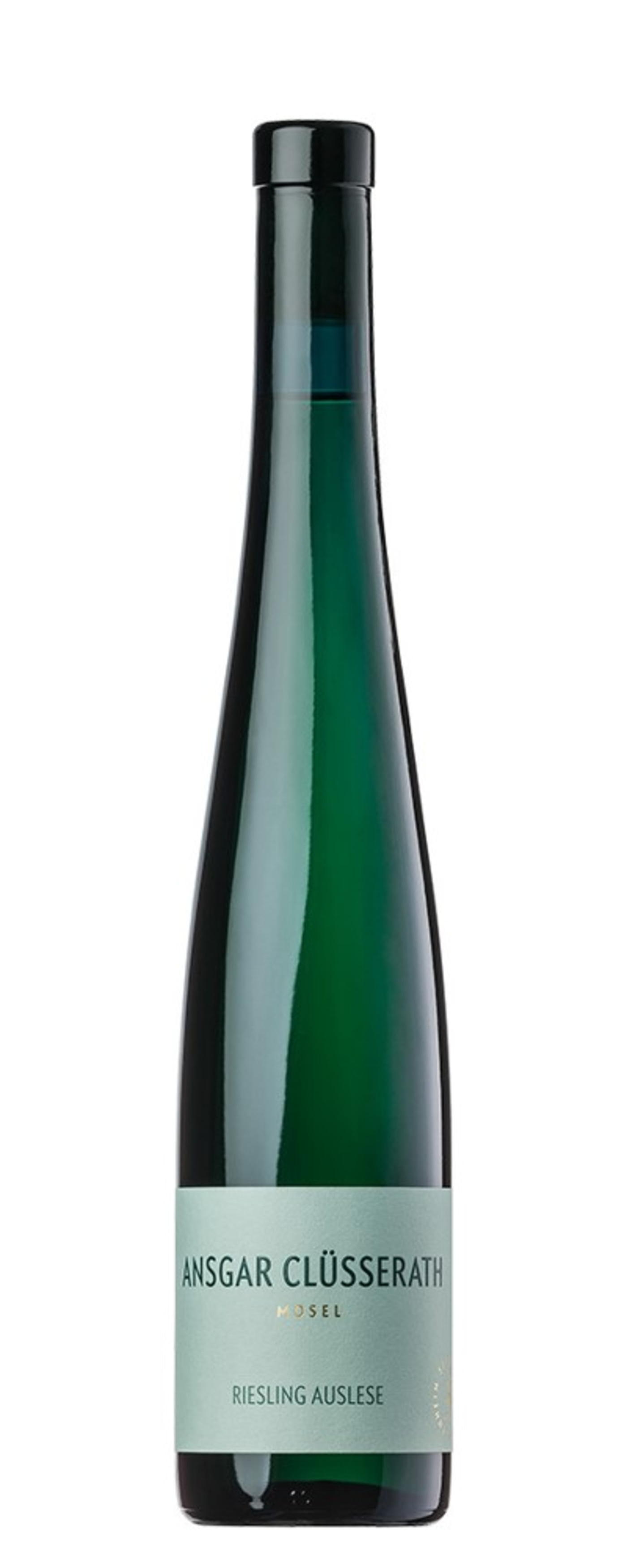 Grüne Weinflasche mit Etikett, Ansgar Clüsserath, Riesling Auslese, Mosel.
