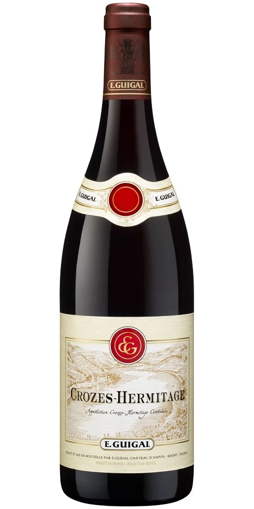 Eine Flasche roten Weins von E. Guigal mit dem Etikett Crozes-Hermitage.