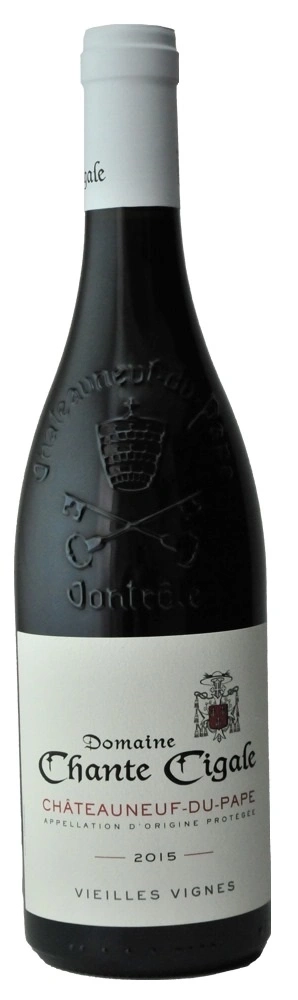 Wein Chante Cigale Châteauneuf-du-Pape 2015, Flasche, Etikett, Jahrgang, Rebsorte, Frankreich