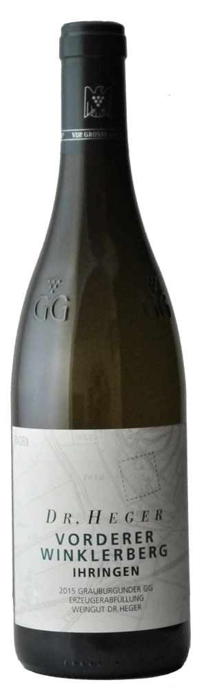 Weinflasche mit Etikett von Dr. Heger, Vordere Winklerberg, Ihringen, Baden, 2015 Grauburgunder GG