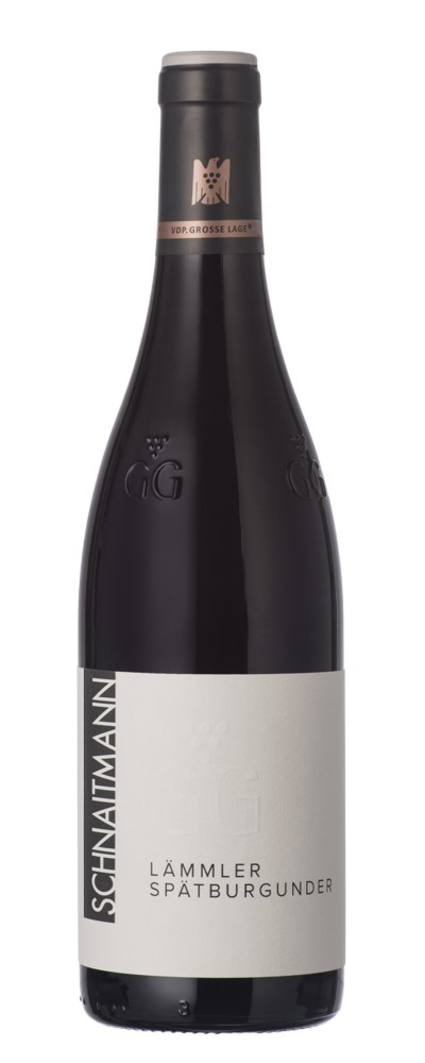 Wein-Flasche mit weißem Etikett und schwarzem Hintergrund, Spätburgunder