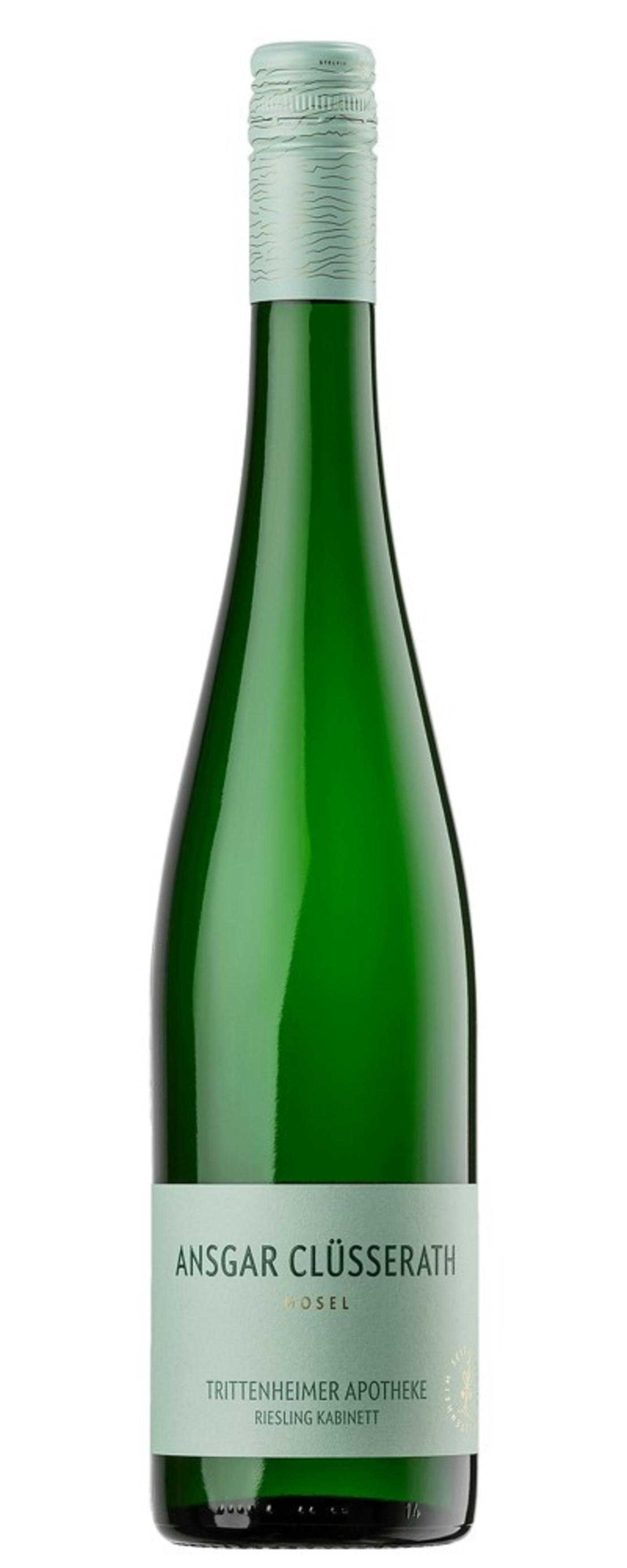 Grüne Weinflasche mit Etikett, Ansgar Clüsserath, Mosel, Riesling Kabinett.