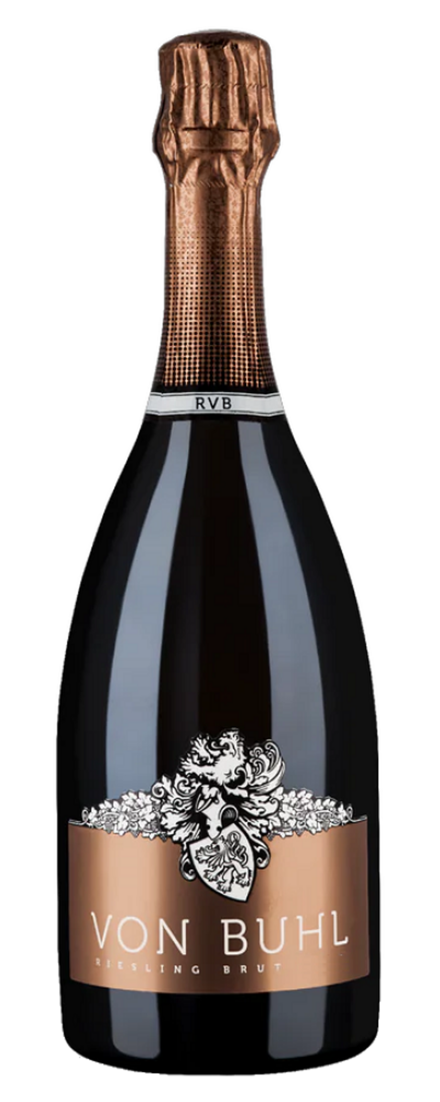 Wein-Flasche mit goldenem Etikett und RVB-Logo, 'VON BUHL' Schriftzug.