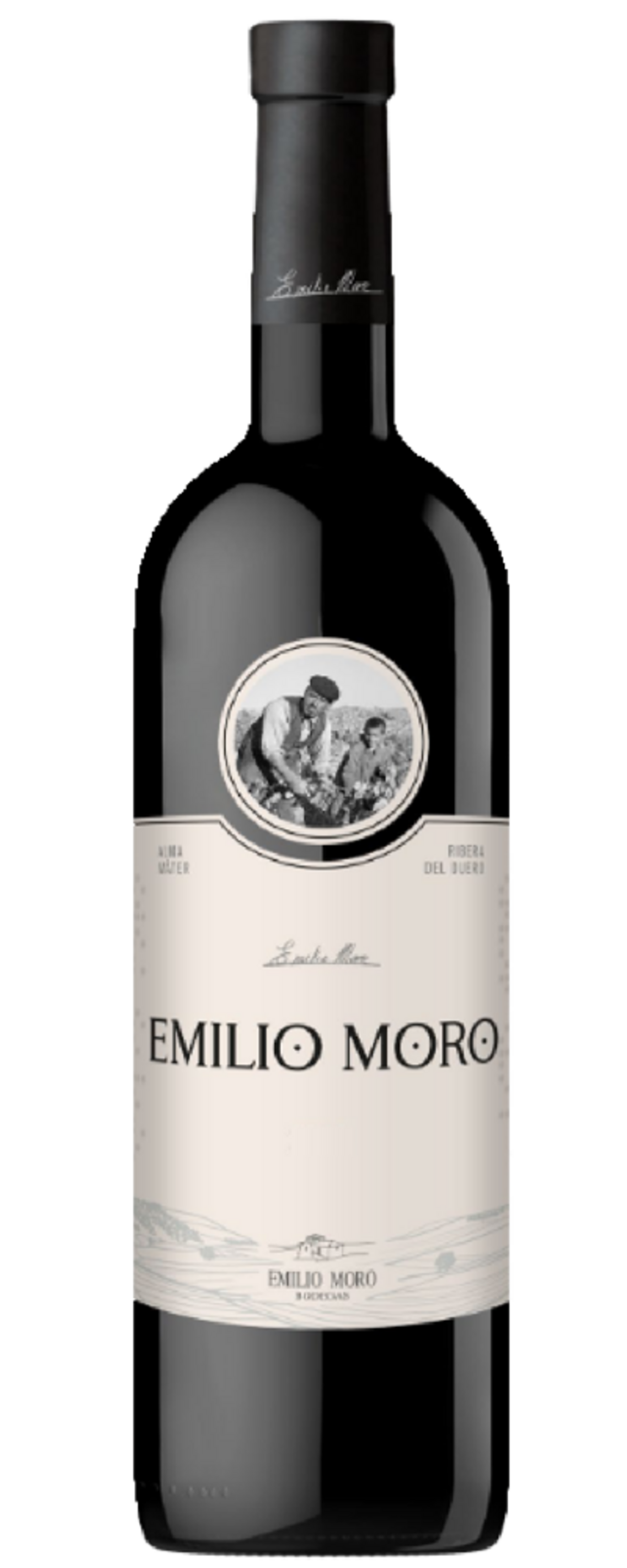 Wein-Flasche mit Etikett 'Emilio Moro' und Illustration von Arbeitern