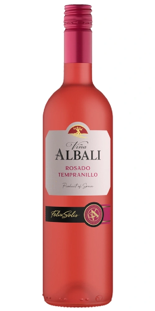 Eine Flasche Rosado Wein von Viña Albali mit rotem Etikett und goldenem Baum