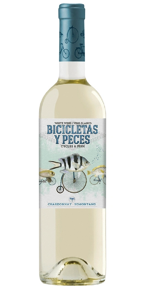 Flasche Weißwein mit dem Etikett BICICLETAS Y PECES, Chardonnay