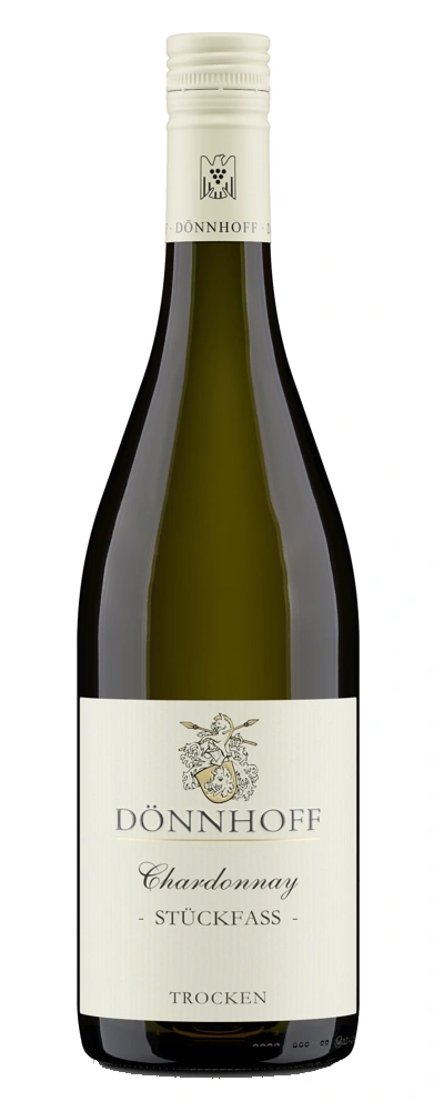 Weinflasche DÖNNHOFF Chardonnay Trocken, weißes Etikett, grüne Flüssigkeit