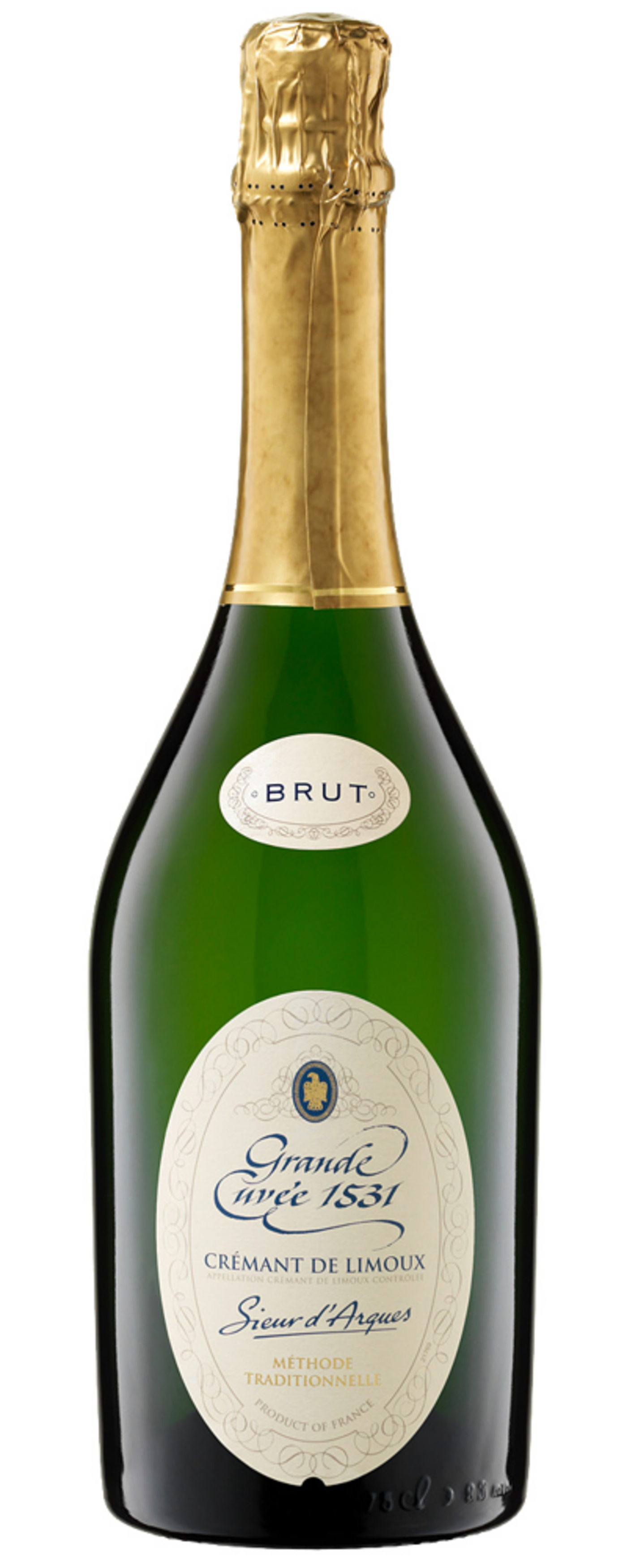 Grüne Champagnerflasche mit goldenem Verschluss und Etikett mit Aufschrift 'BRUT'