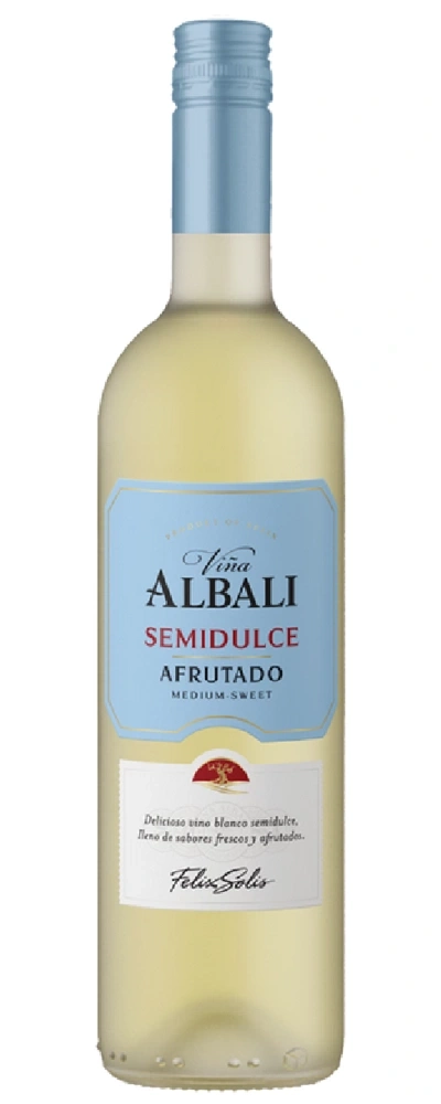 Eine Flasche Weißwein mit dem Etikett Viña Albali Semidulce Afrutado.