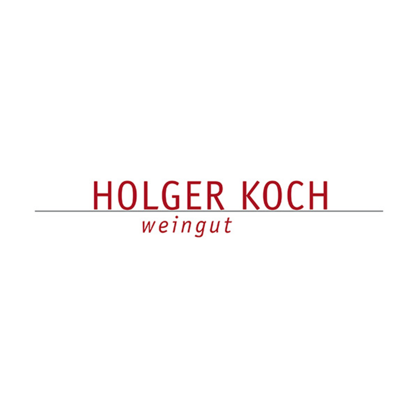 Logo von Holger Koch Weingut, roter Text auf weißem Hintergrund mit Linie