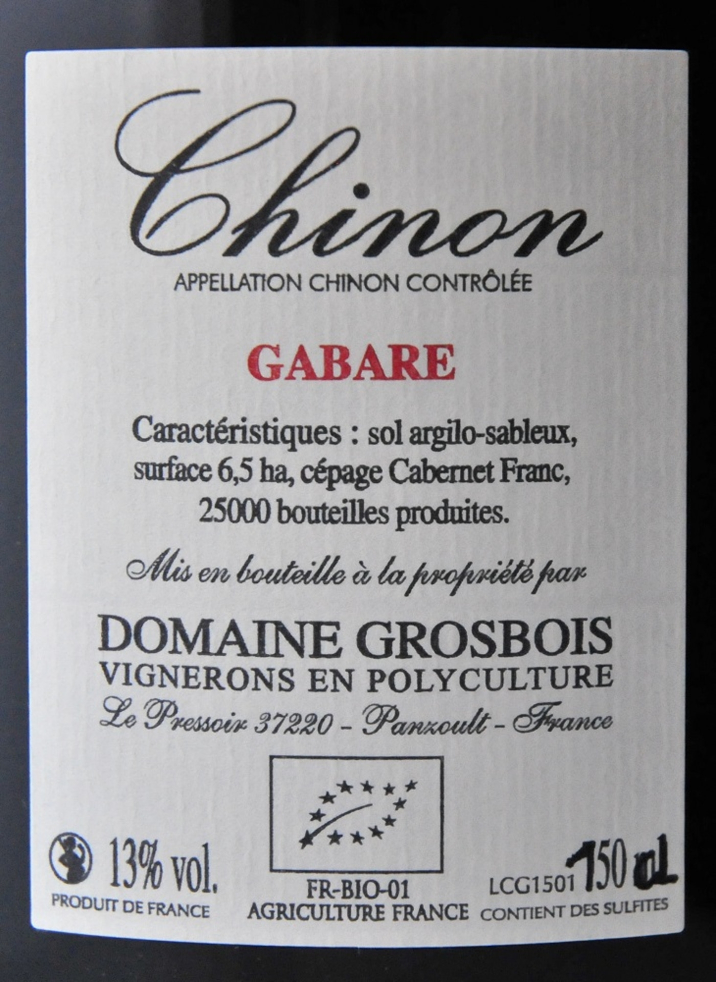 Weinlabel Chinon Gabare, 13% vol, Domaine Grosbois, Frankreich, 150ml, Cabernet Franc