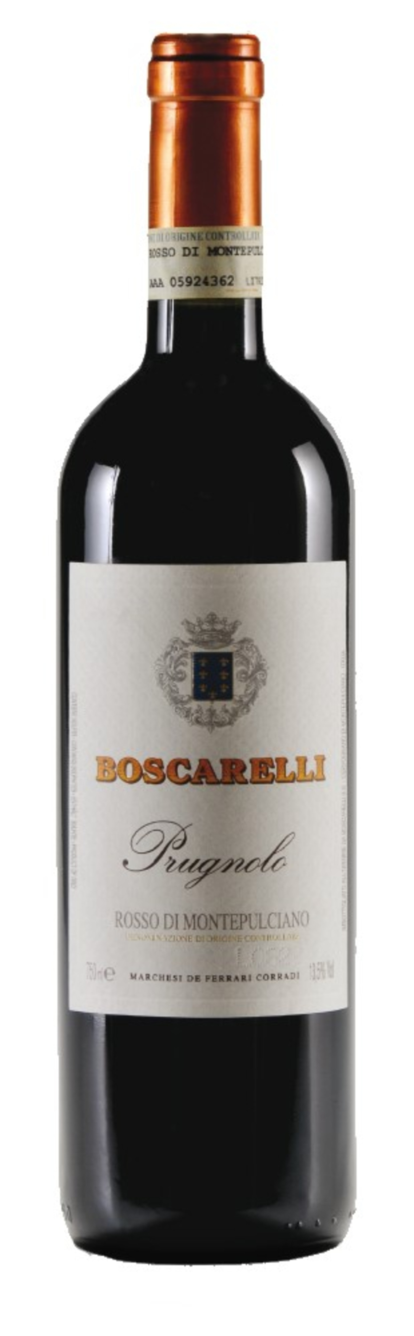 Wein-Flasche von Boscarelli Prugnolo Rosso di Montepulciano, italienischer Rotwein.