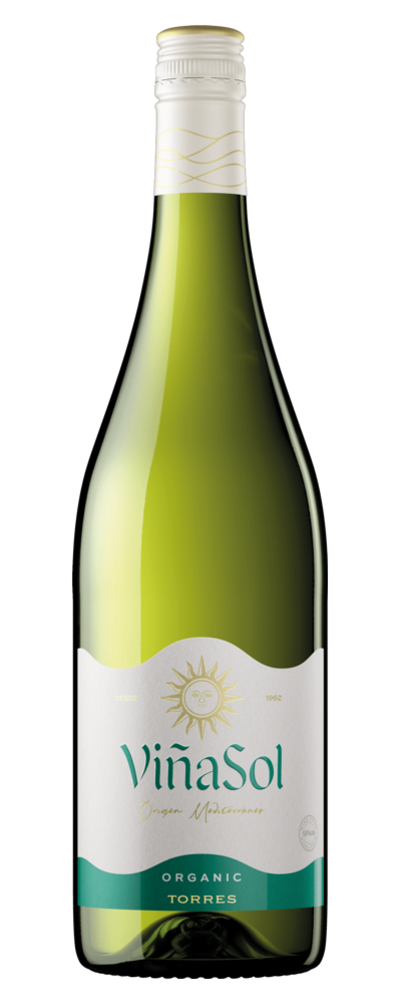 Weinflasche Viña Sol, Bio-Wein, weißes Etikett, grünes Glas, Sonnenlogo, spanischer Wein