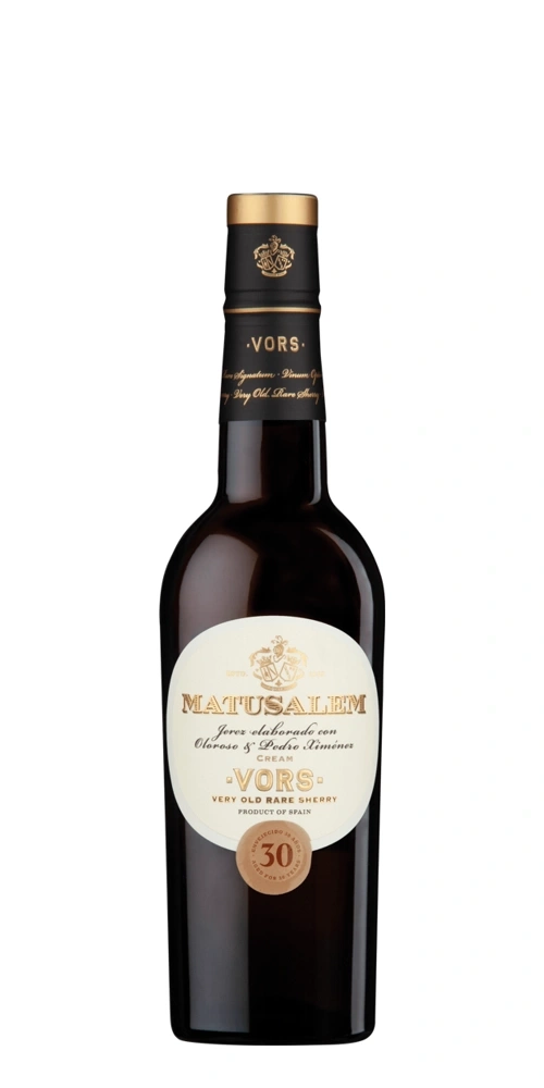 Eine Flasche eines dunklen Sherrys mit dem Etikett Matusalem VORS.