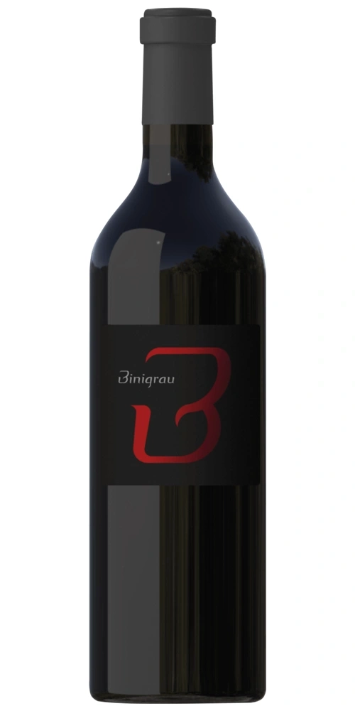 Dunkle Weinflasche mit schwarzem Etikett und rotem B-Logo