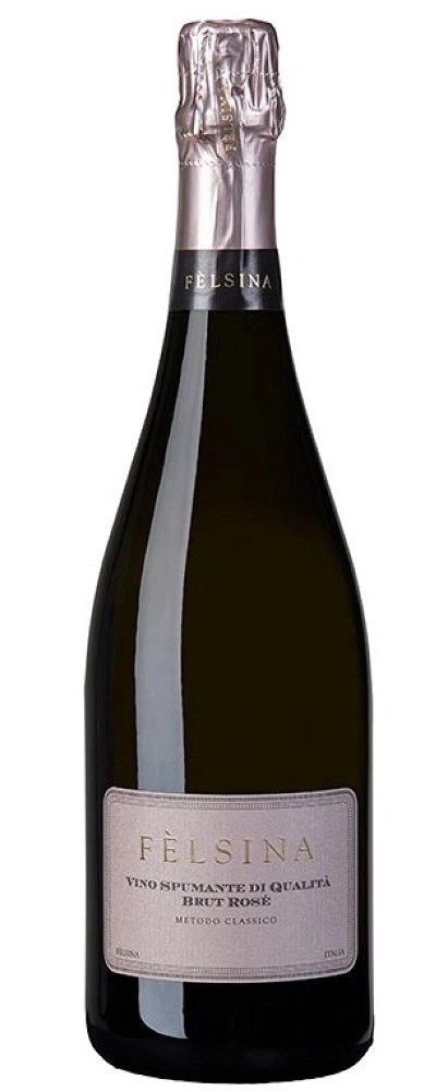 Felsina Brut Rosé Wein, eine Flasche mit Etikett und Verschlusskappe, isoliert.